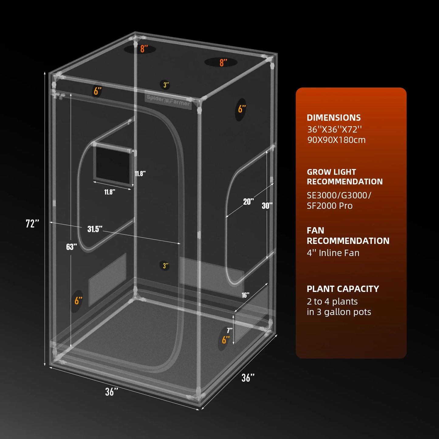 Spider Farmer® Growbox-Komplettset – 90×90×180 cm für 3 Pflanzen | G3000 Set - APP Control
