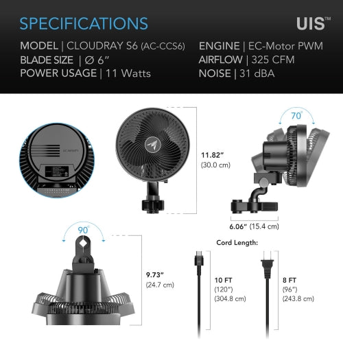 AC INFINITY - CLOUDRAY S6 -150MM - 10-LEVEL AUTO OSCILLATION